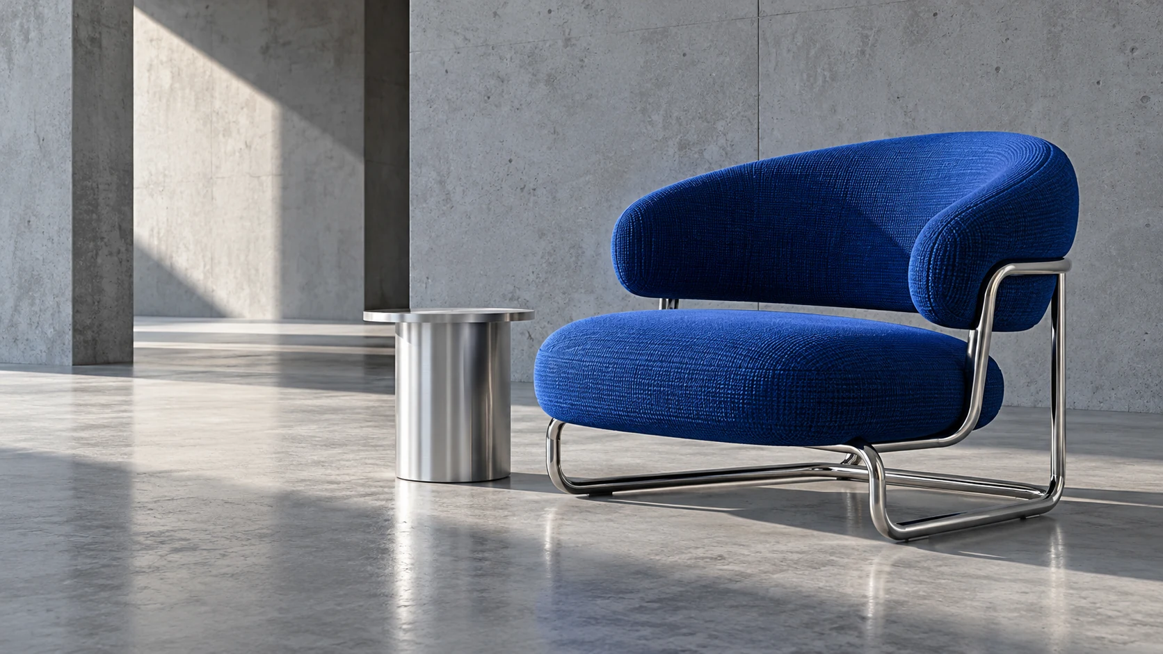Cobalt lounge chair in a concrete gallery