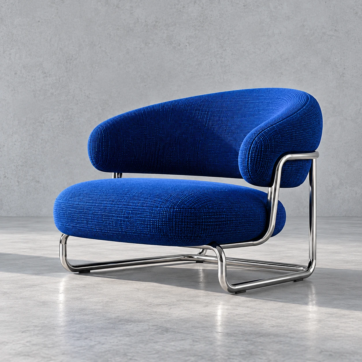 Cobalt upholstered lounge chair with a tubular chrome frame